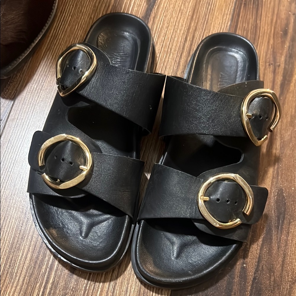 Zara Black Leather Sandals with Gold Buckles